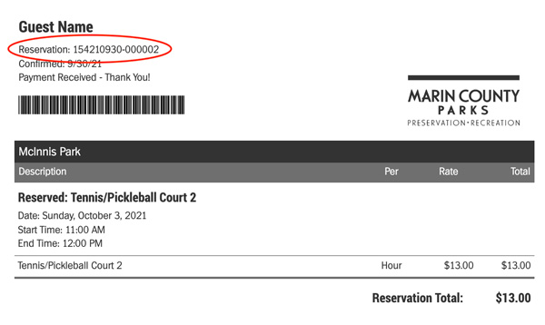 Example of emailed confirmation with confirmation number listed below the guest name.